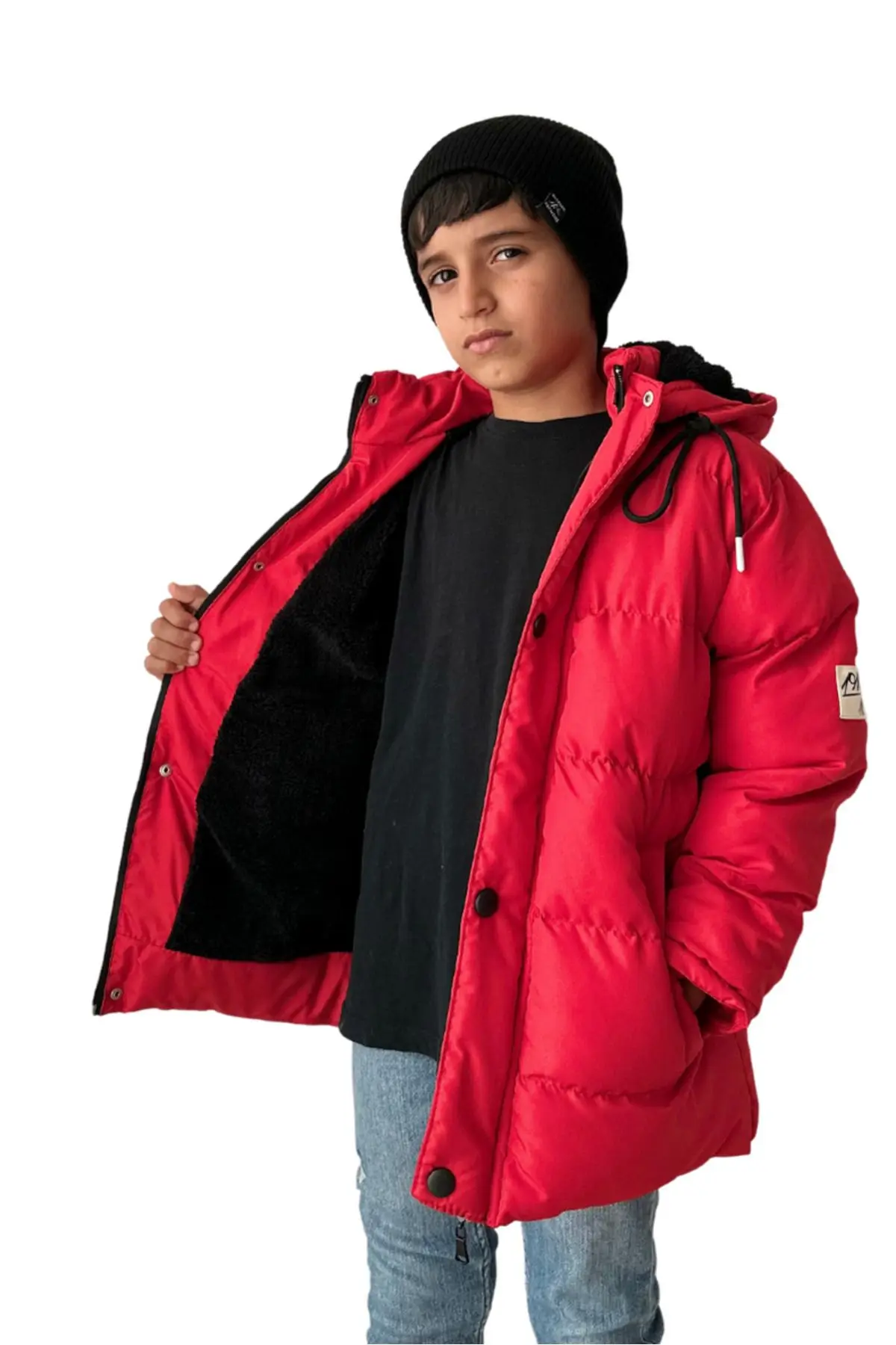 FineKids Kırmızı Erkek Çocuk Montu - Içi Kürklü Çıkarılabilir Kapüşonlu Kırmızı Çocuk Mont