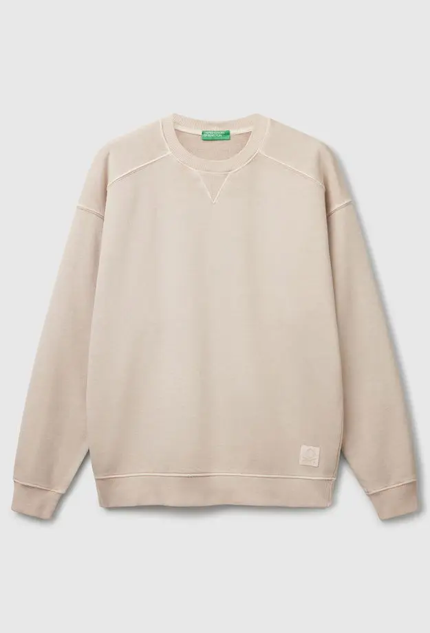 Erkek Taş Rengi Pamuklu Logo Etiketi Detaylı Bisiklet Yaka Sweatshirt