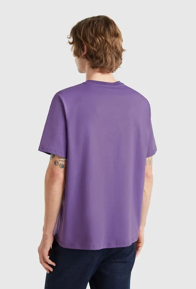 Erkek Mor %100 Koton Benetton Logolu Bisiklet Yaka T-Shirt