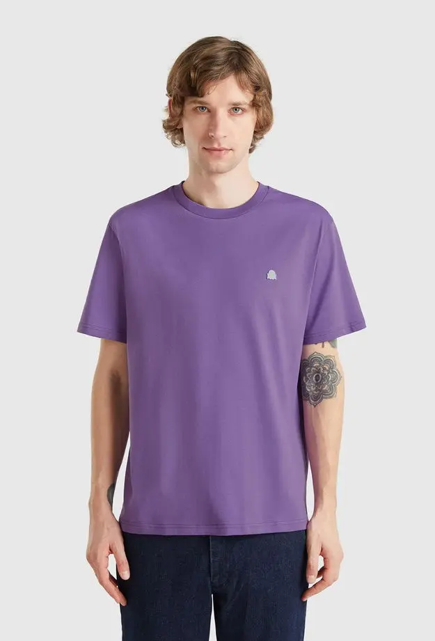 United Colors of Benetton Erkek Mor %100 Koton Benetton Logolu Bisiklet Yaka T-Shirt