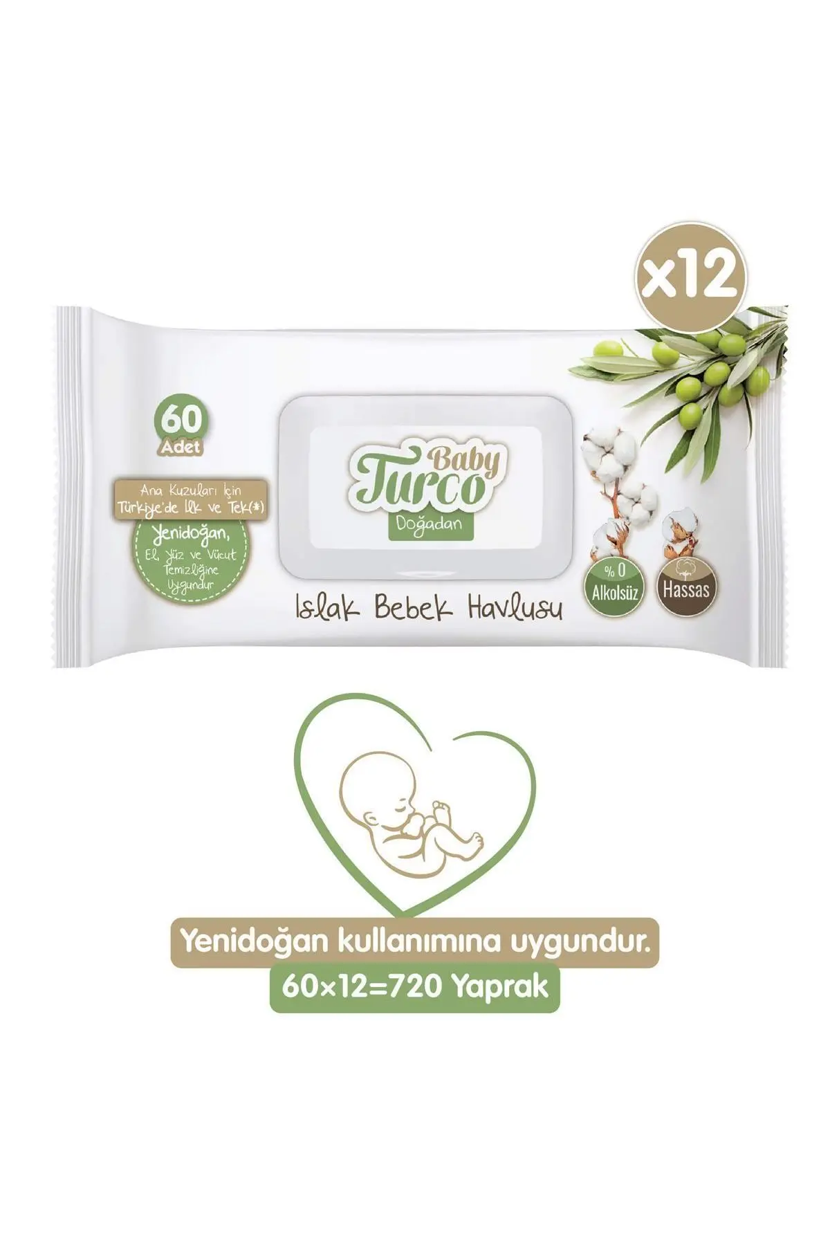 Baby Turco Doğadan Yenidoğan Islak Bebek Havlusu 12x60 Yaprak