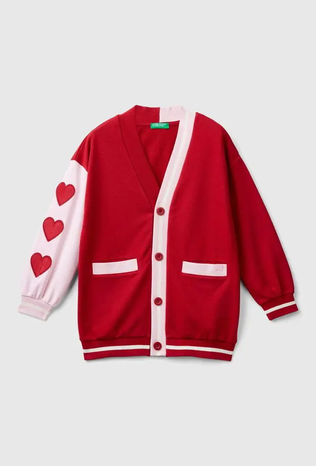United Colors of Benetton Kız Çocuk Kırmızı Kontrast Renk Detaylı Sağ Kolu Kalp Desenli Polar Sweatshirt