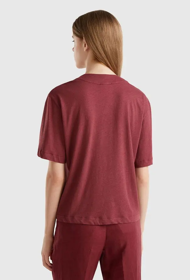 Kadın Bordo Pamuk ve Keten Karışımlı Yarım Kollu V Yaka Hırka