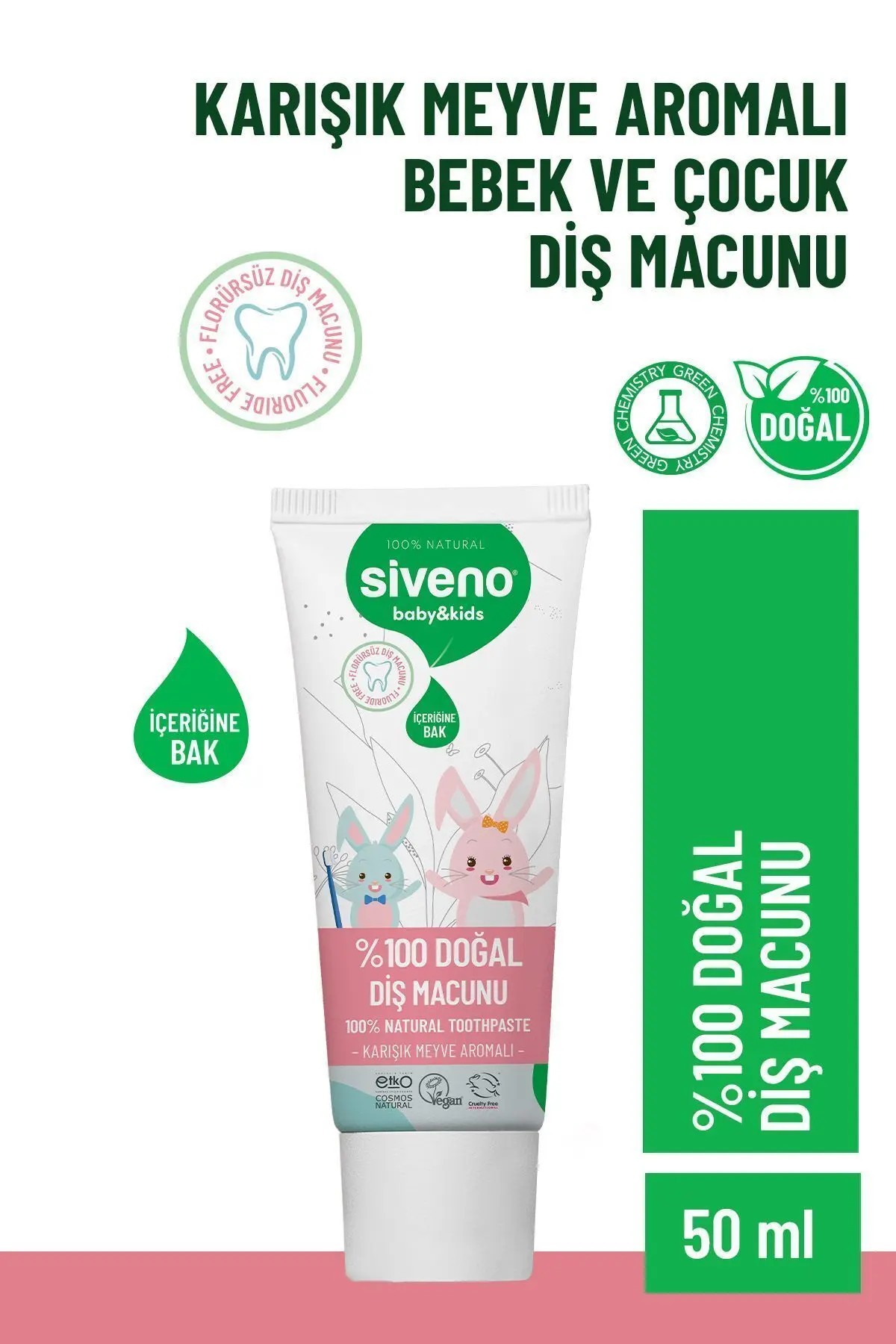 Siveno %100 Doğal Diş Macunu Bebek ve Çocuk İçin Karışık Meyve Aromalı Florürsüz 50 ml