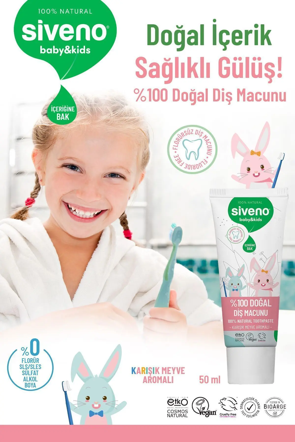%100 Doğal Diş Macunu Bebek ve Çocuk İçin Karışık Meyve Aromalı Florürsüz 50 ml