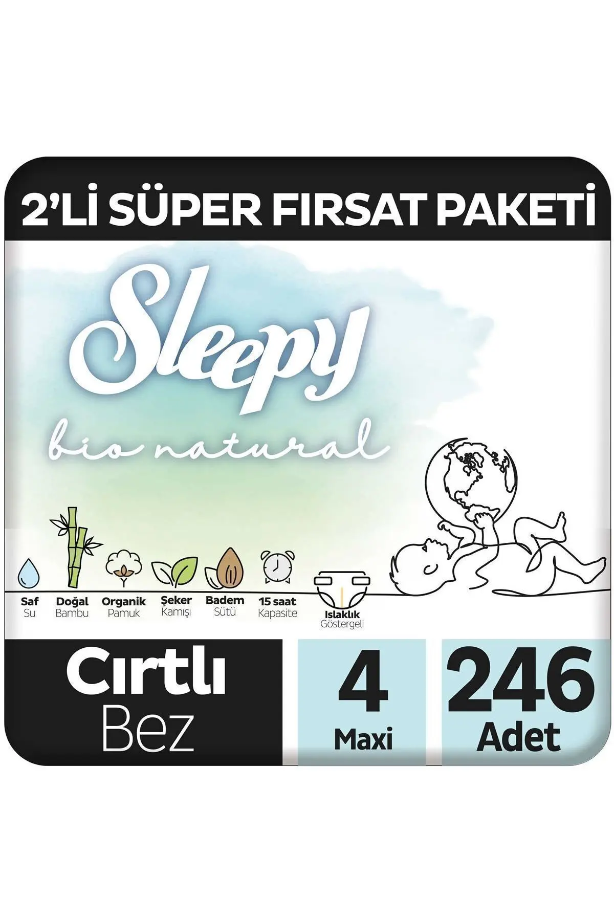 Bio Natural 2'Li Süper Fırsat Paketi Bebek Bezi 4 Numara Maxi 246 Adet