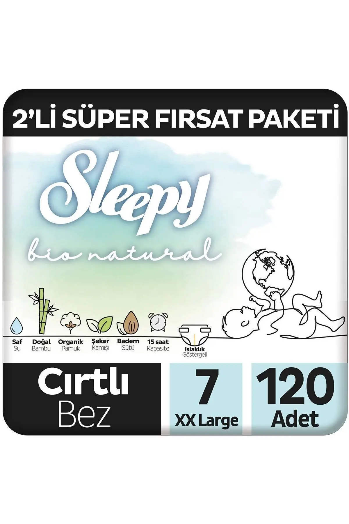 Bio Natural 2'Li Süper Fırsat Paketi Bebek Bezi 7 Numara Xxlarge 120 Adet