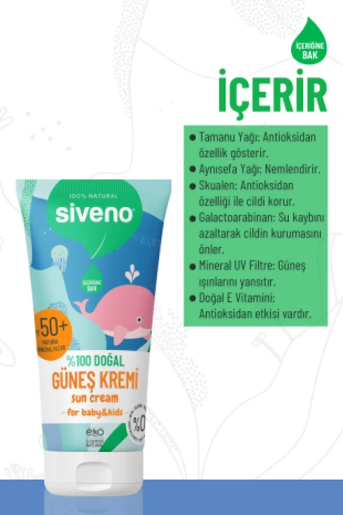 %100 Doğal Bebek Güneş Kremi Leke Karşıtı Antioksidan Nemlendirici Bitkisel Uva Uvb Spf50 50 ml