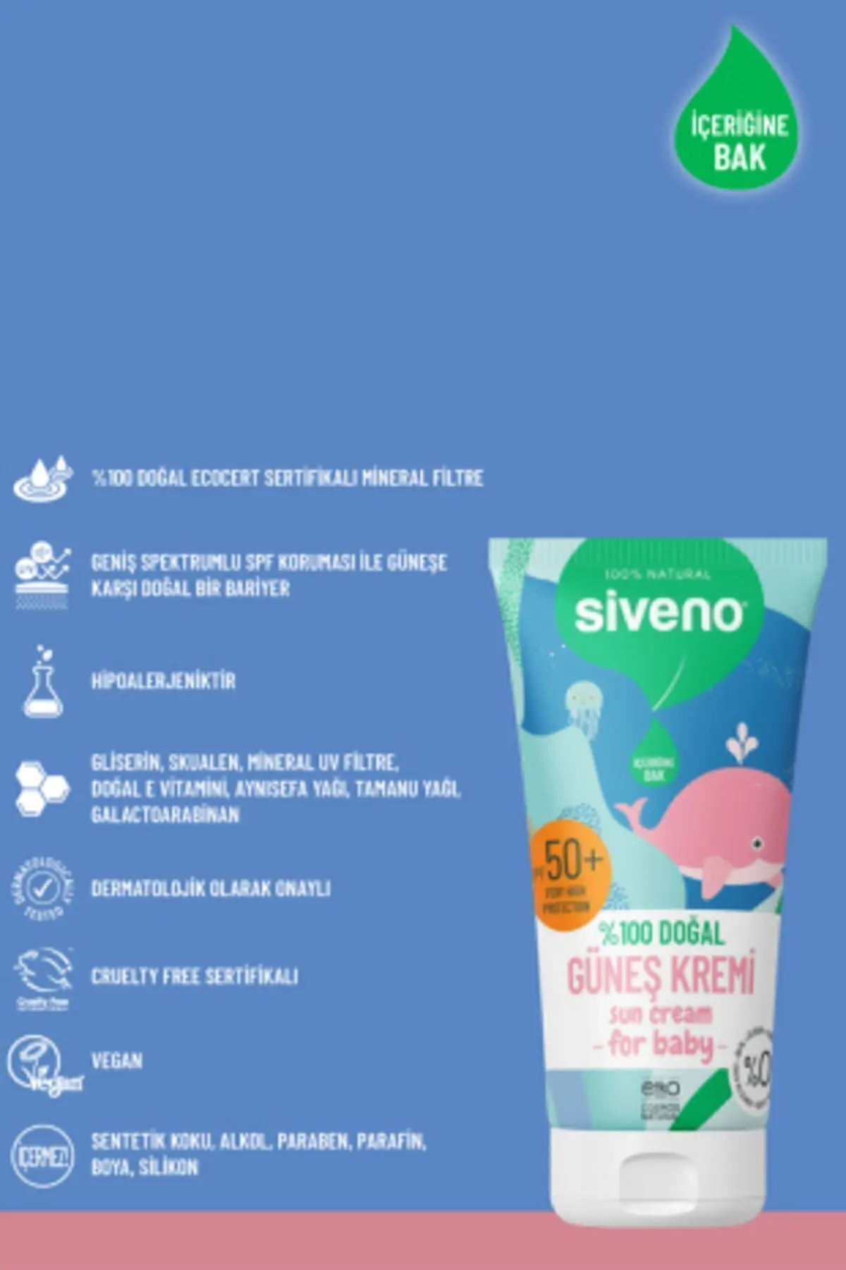 %100 Doğal Bebek Güneş Kremi Leke Karşıtı Antioksidan Nemlendirici Bitkisel Uva Uvb Spf50 50 ml