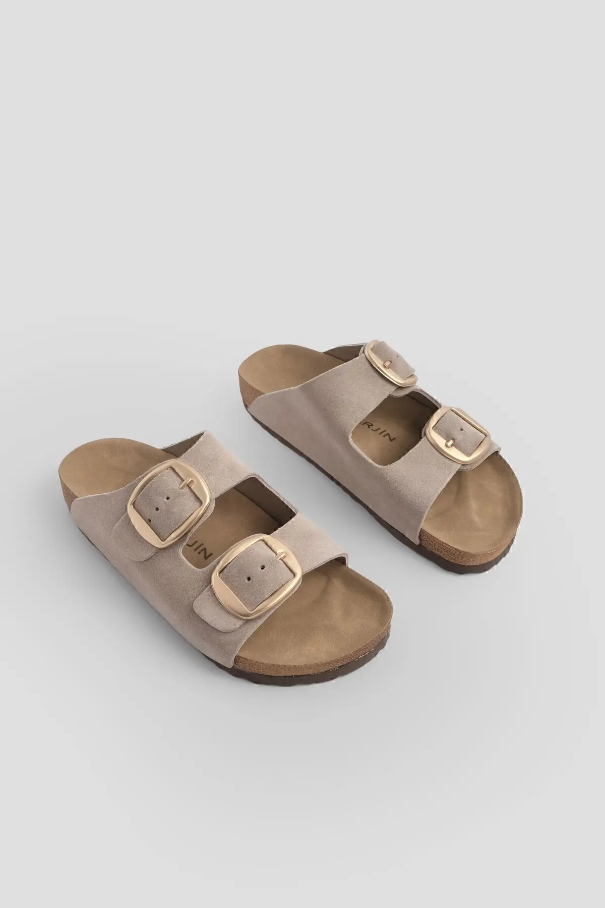 Kadın Hakiki Deri Günlük Terlik Çift Bantlı Terlik Eva Taban Poli bej