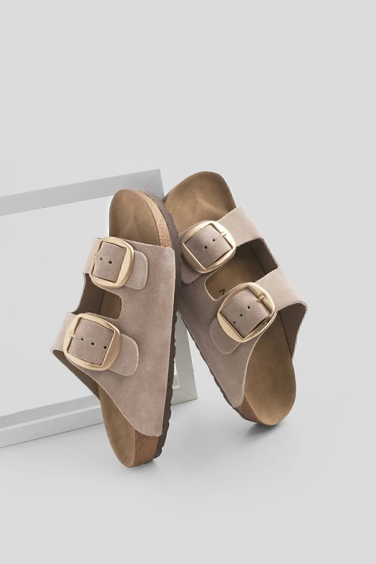 Kadın Hakiki Deri Günlük Terlik Çift Bantlı Terlik Eva Taban Poli bej