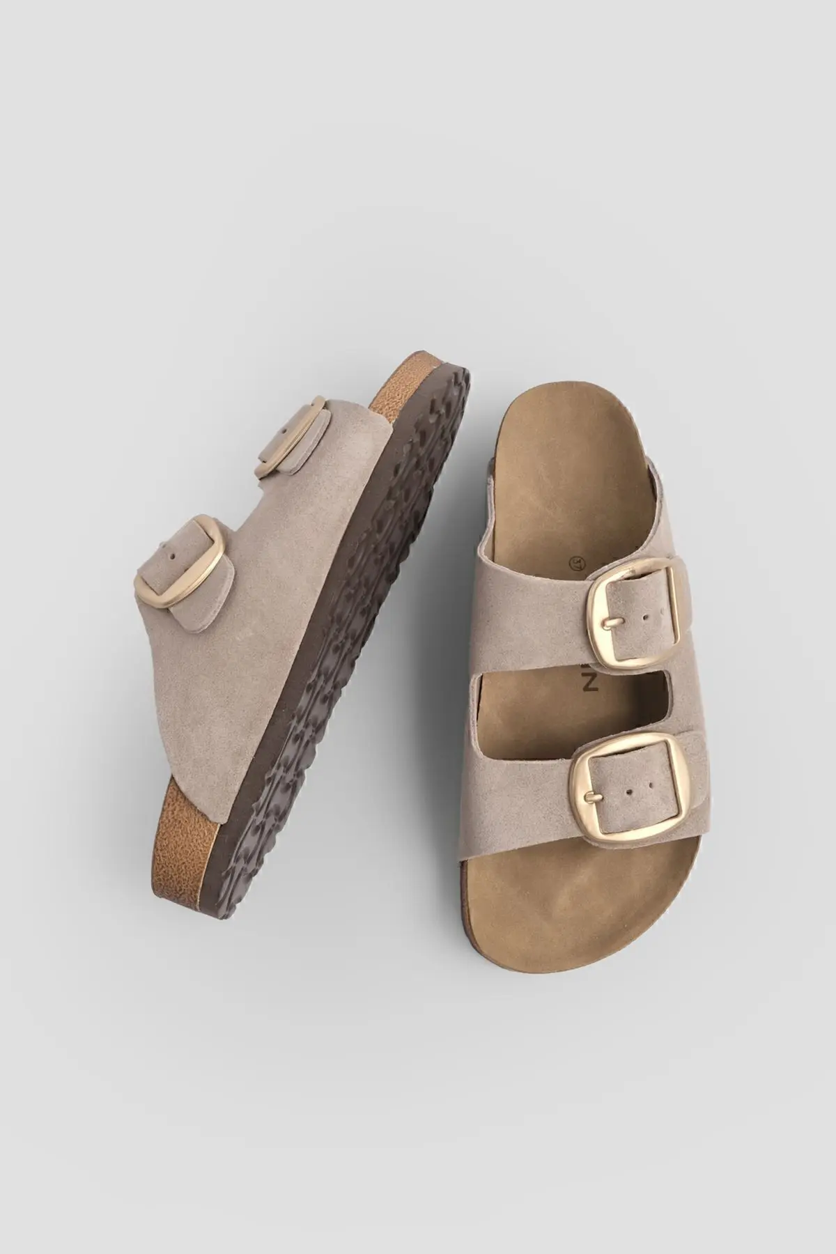 Kadın Hakiki Deri Günlük Terlik Çift Bantlı Terlik Eva Taban Poli bej