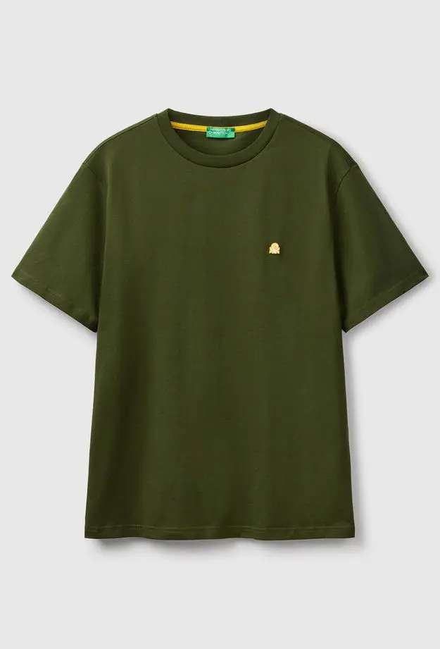 Erkek Haki %100 Koton Benetton Logolu Bisiklet Yaka T-Shirt