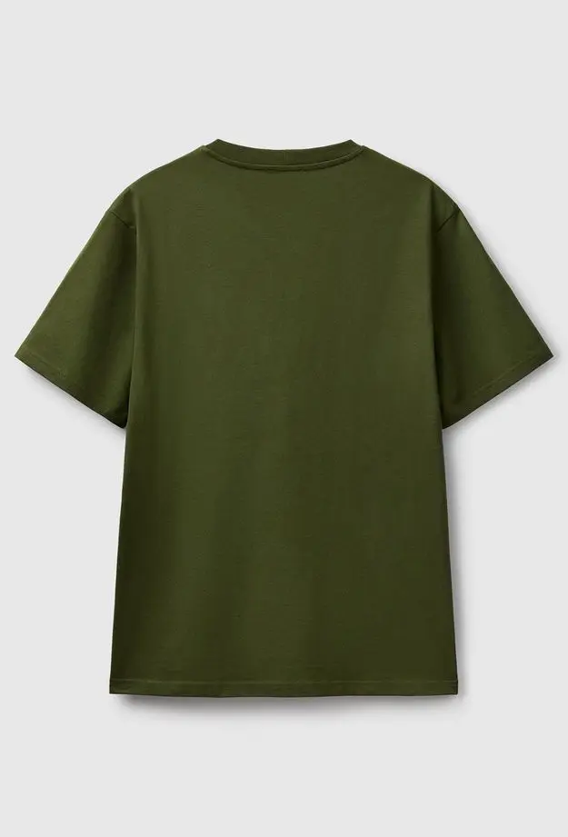 Erkek Haki %100 Koton Benetton Logolu Bisiklet Yaka T-Shirt