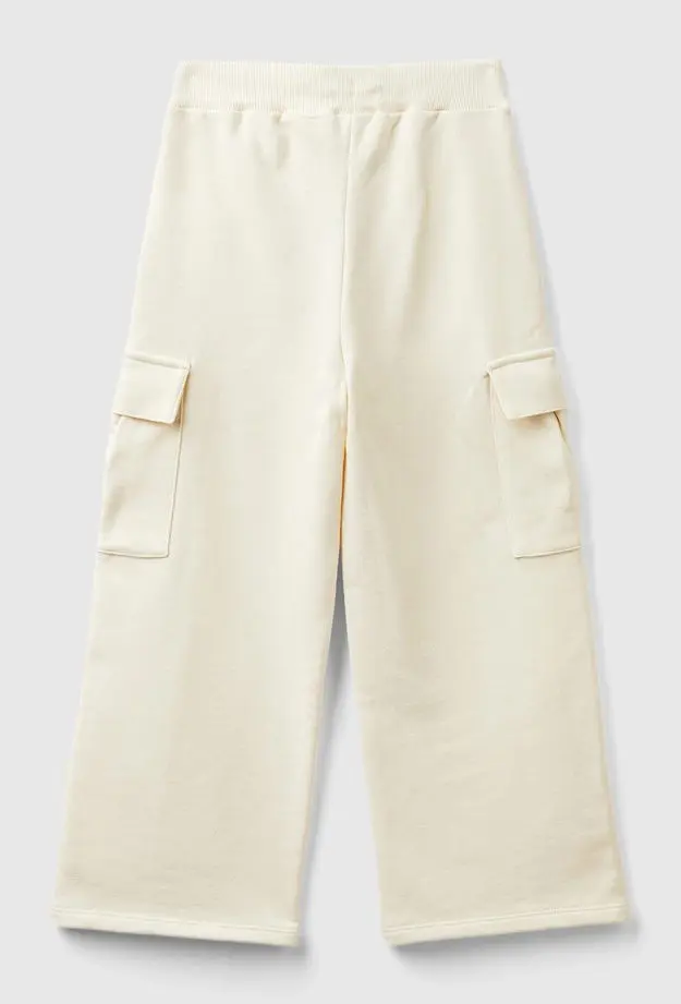 Kız Çocuk Ekru Yanları Cep Detaylı Geniş Paça Muflon Eşofman Altı