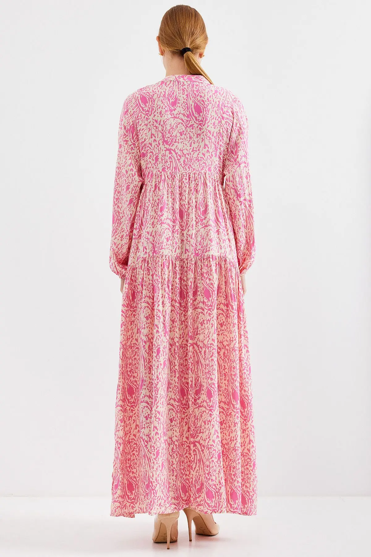 Kadın Desenli Pembe Viskon Tesettür Elbise 2423