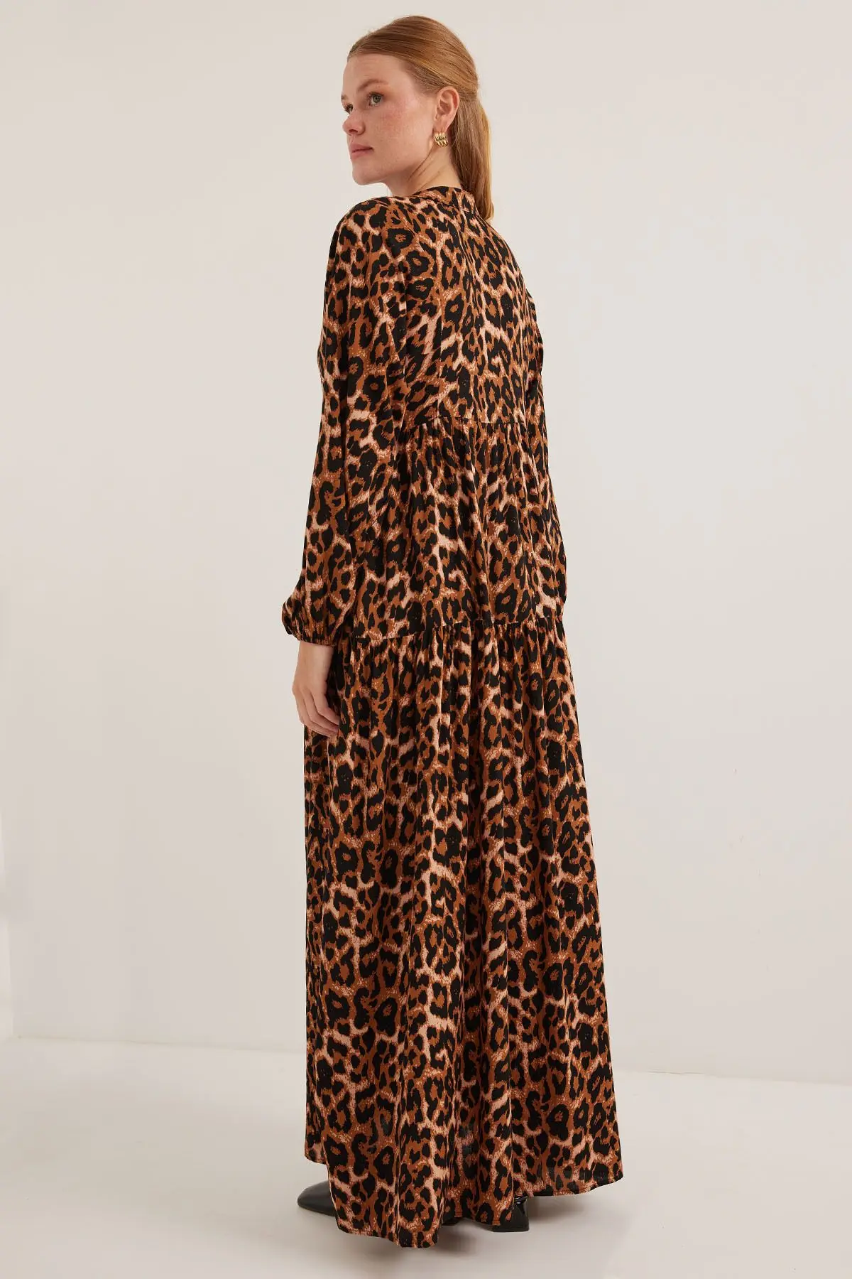 Kadın Kahverengi Bej Viskon Tesettür Elbise 2423