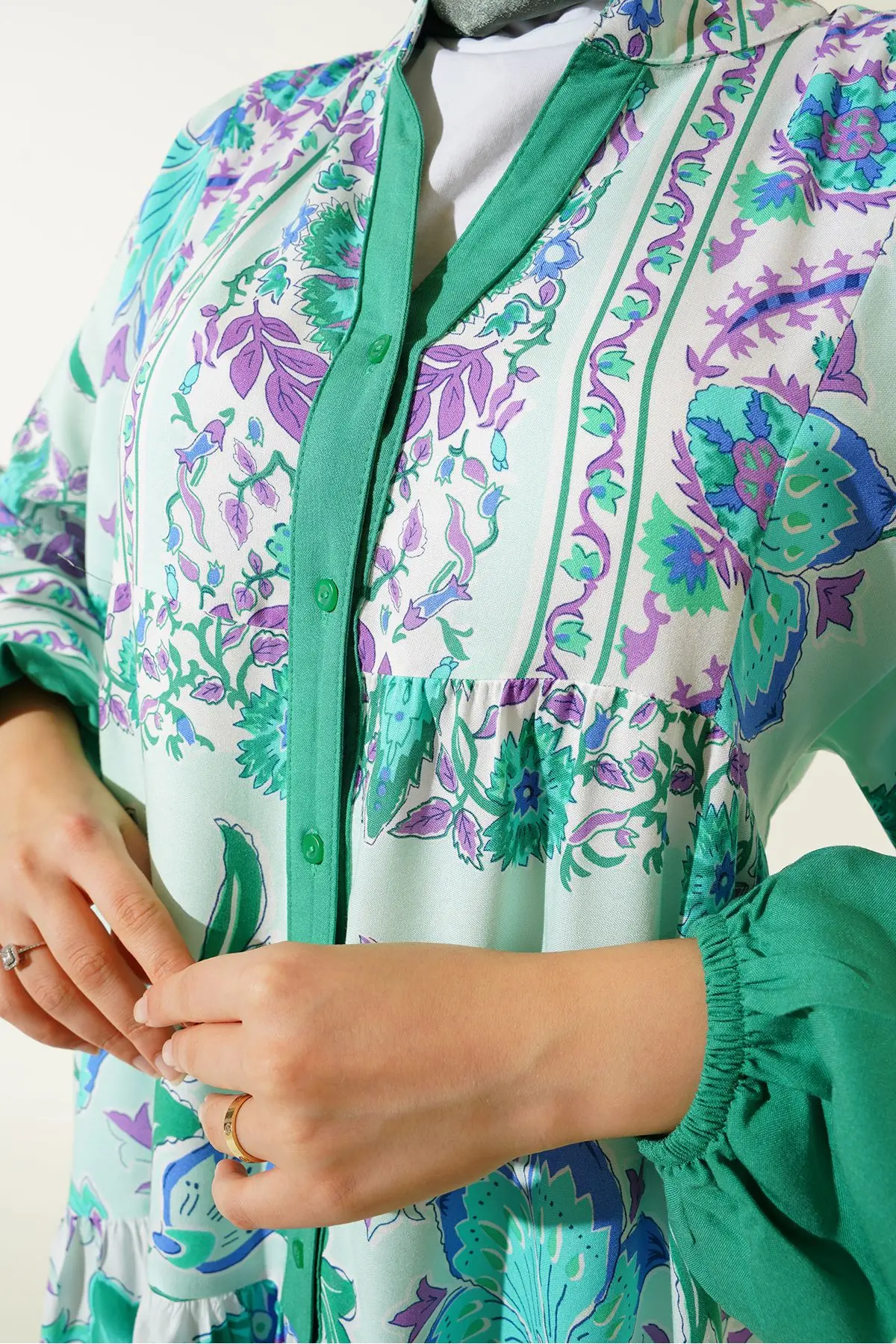 2423 Otantik Desenli Tesettür Elbise - D. Mint