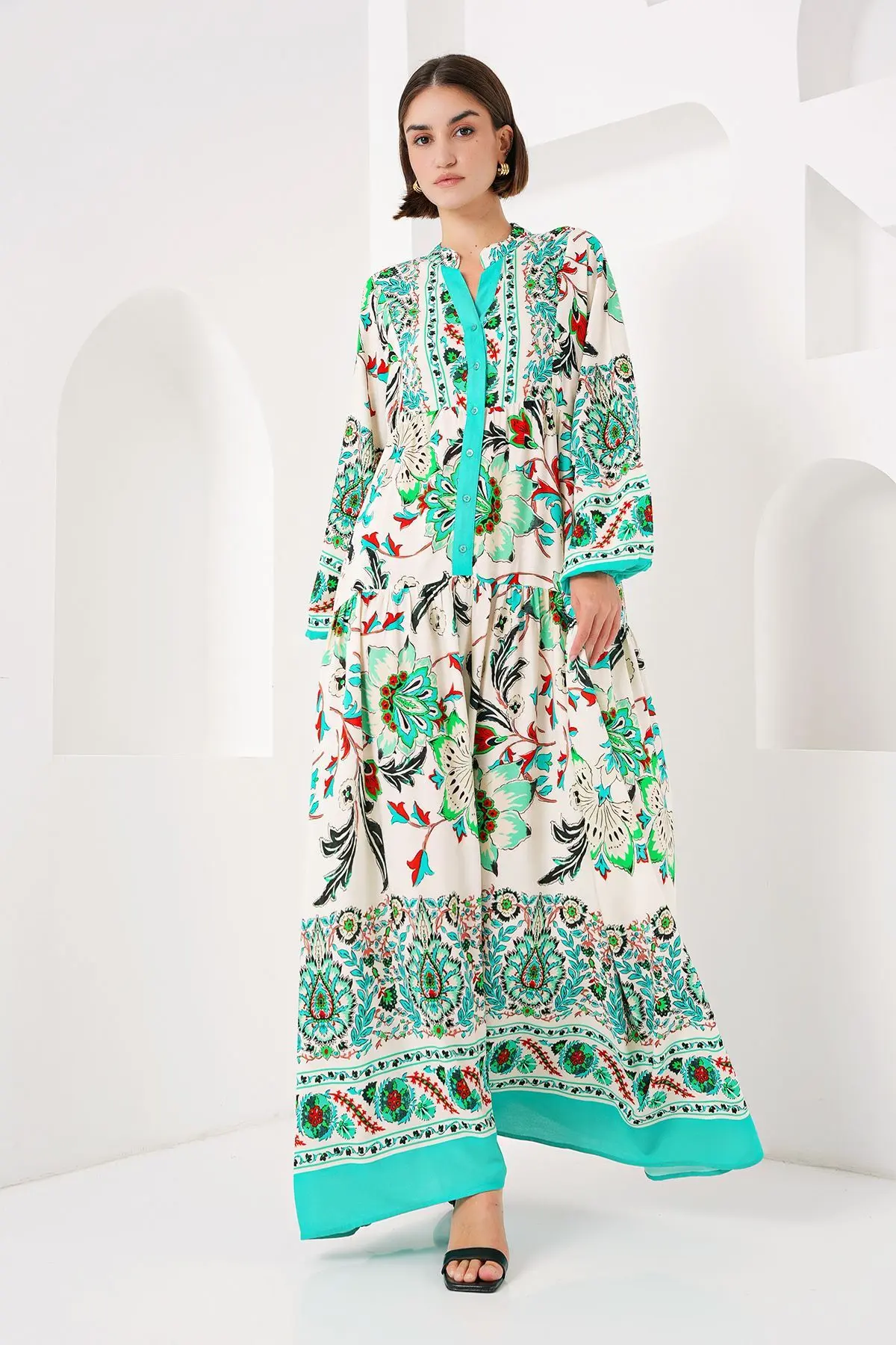 2423 Otantik Desenli Elbise - Y.yeşil