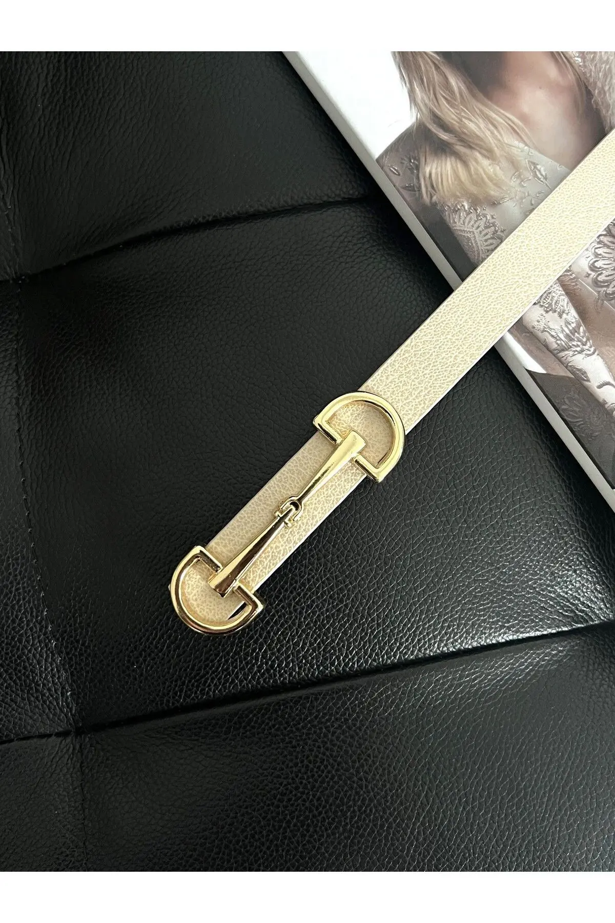 Uzun Gold Tokalı İnce Bej Kadın Kemeri, Ceket Kemeri, Gömlek Kemeri, Elbise Kemeri