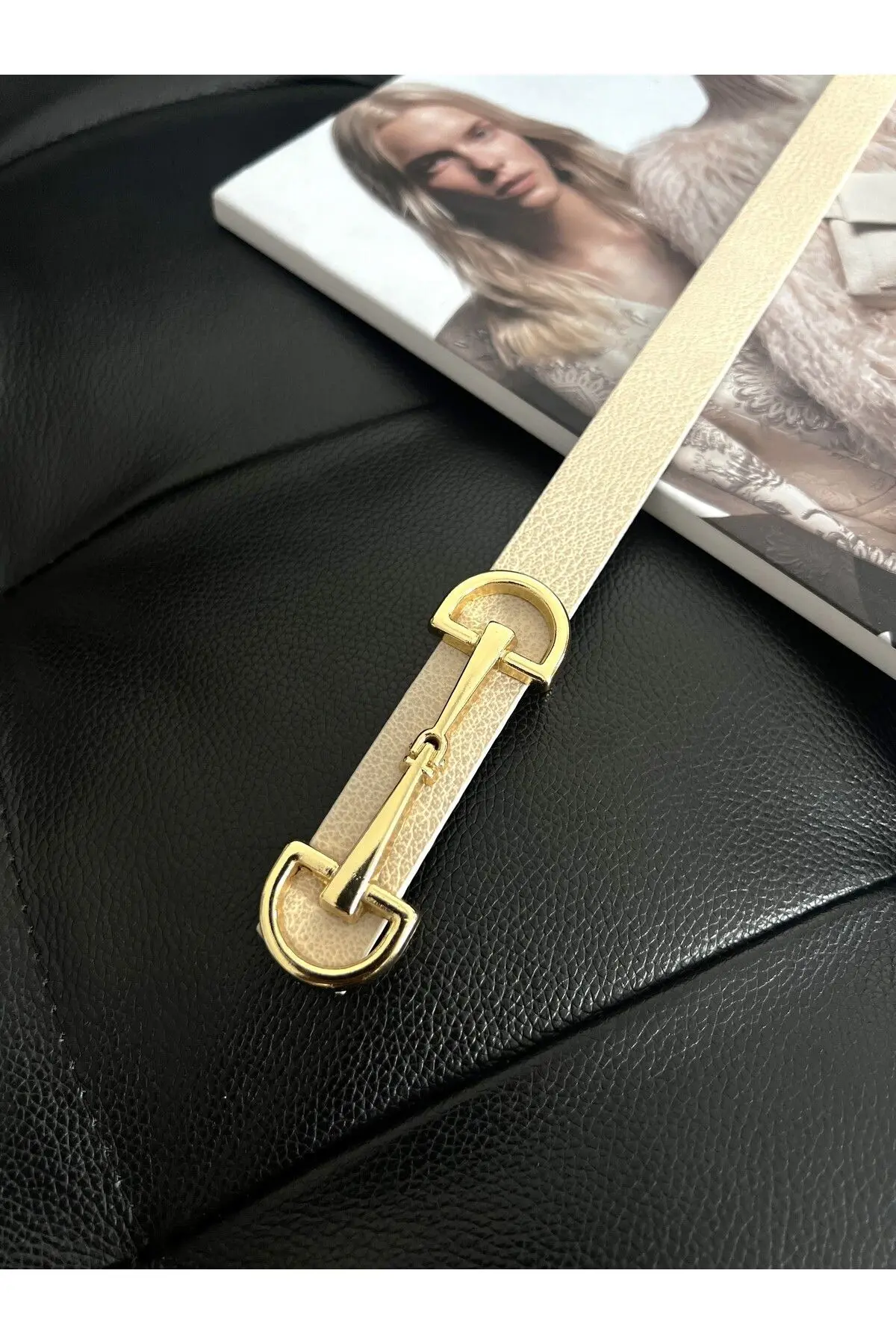 Uzun Gold Tokalı İnce Bej Kadın Kemeri, Ceket Kemeri, Gömlek Kemeri, Elbise Kemeri