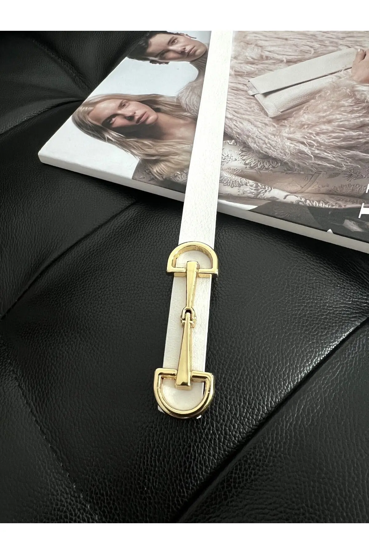 Uzun Gold Tokalı İnce Beyaz Kadın Kemeri, Ceket Kemeri, Gömlek Kemeri, Elbise Kemeri