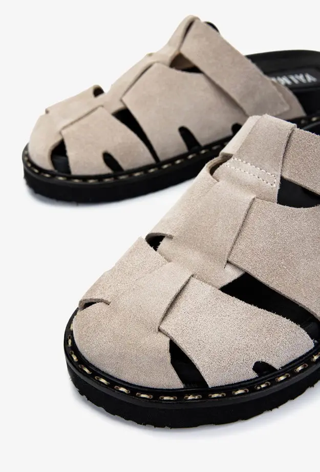 Valmenti Kadın Hakiki Deri Bej Süet Düz Terlik