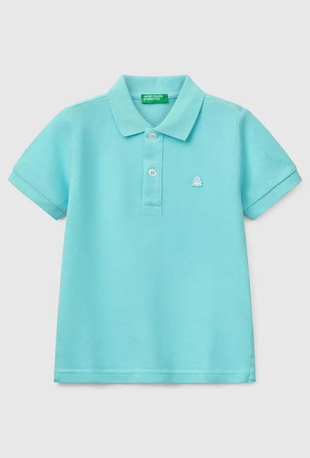 United Colors of Benetton Erkek Çocuk Su Yeşili Logolu Pike Polo T-Shirt
