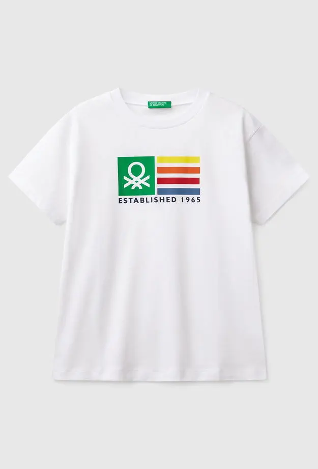 United Colors of Benetton Erkek Çocuk Beyaz Benetton Logo Baskılı T-Shirt
