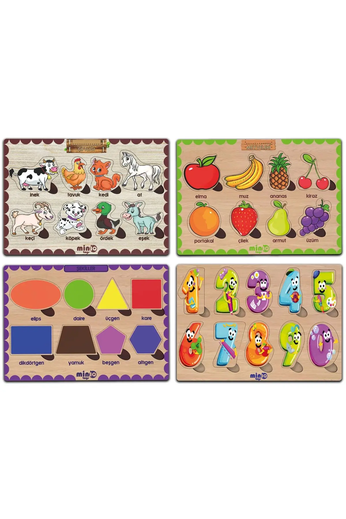 Ahşap Türkçe Ciftlik Hayv.+meyveler-sekiller-sayilar 4’lü Set Eğitici-öğretici Yapboz