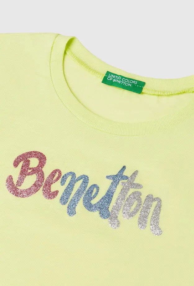 Kız Çocuk Sarı Simli Logo Baskılı T-Shirt