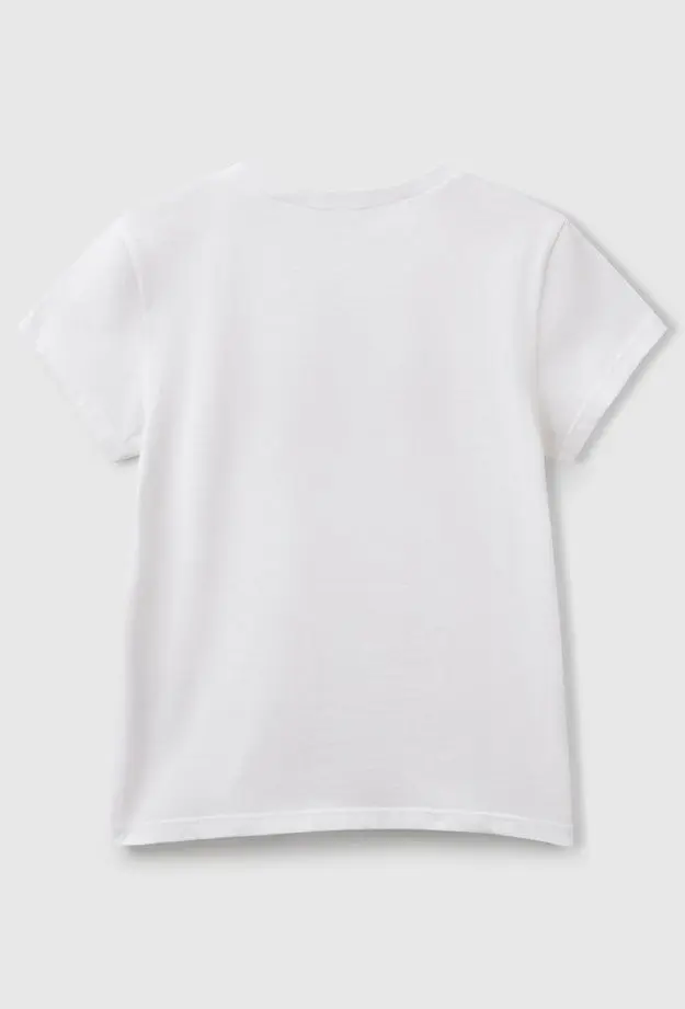 Kız Çocuk Beyaz Simli Logo Baskılı T-Shirt