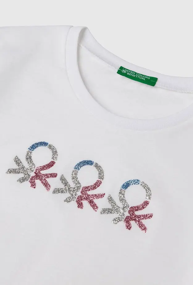Kız Çocuk Beyaz Simli Logo Baskılı T-Shirt
