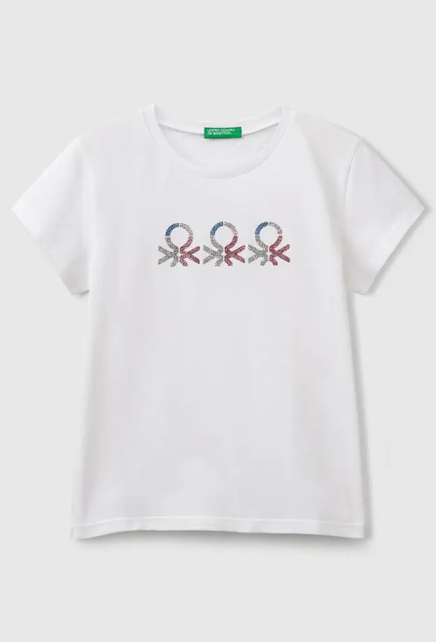 Kız Çocuk Beyaz Simli Logo Baskılı T-Shirt