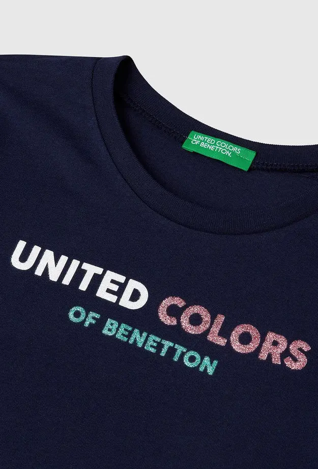 Kız Çocuk Lacivert Simli Logo Baskılı T-Shirt