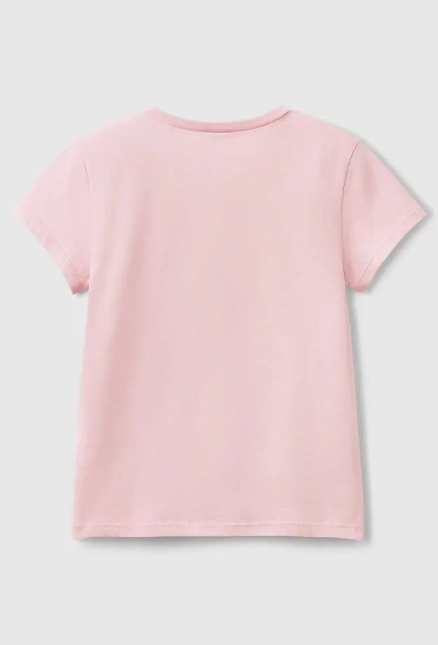 Kız Çocuk Pembe Simli Logo Baskılı T-Shirt