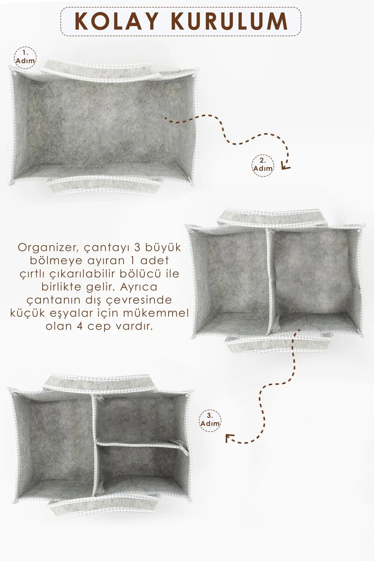 Çok Amaçlı Kalın Keçe Anne Bebek Bakım Çantası, Dolap İçi Organizer, Scotch Serisi