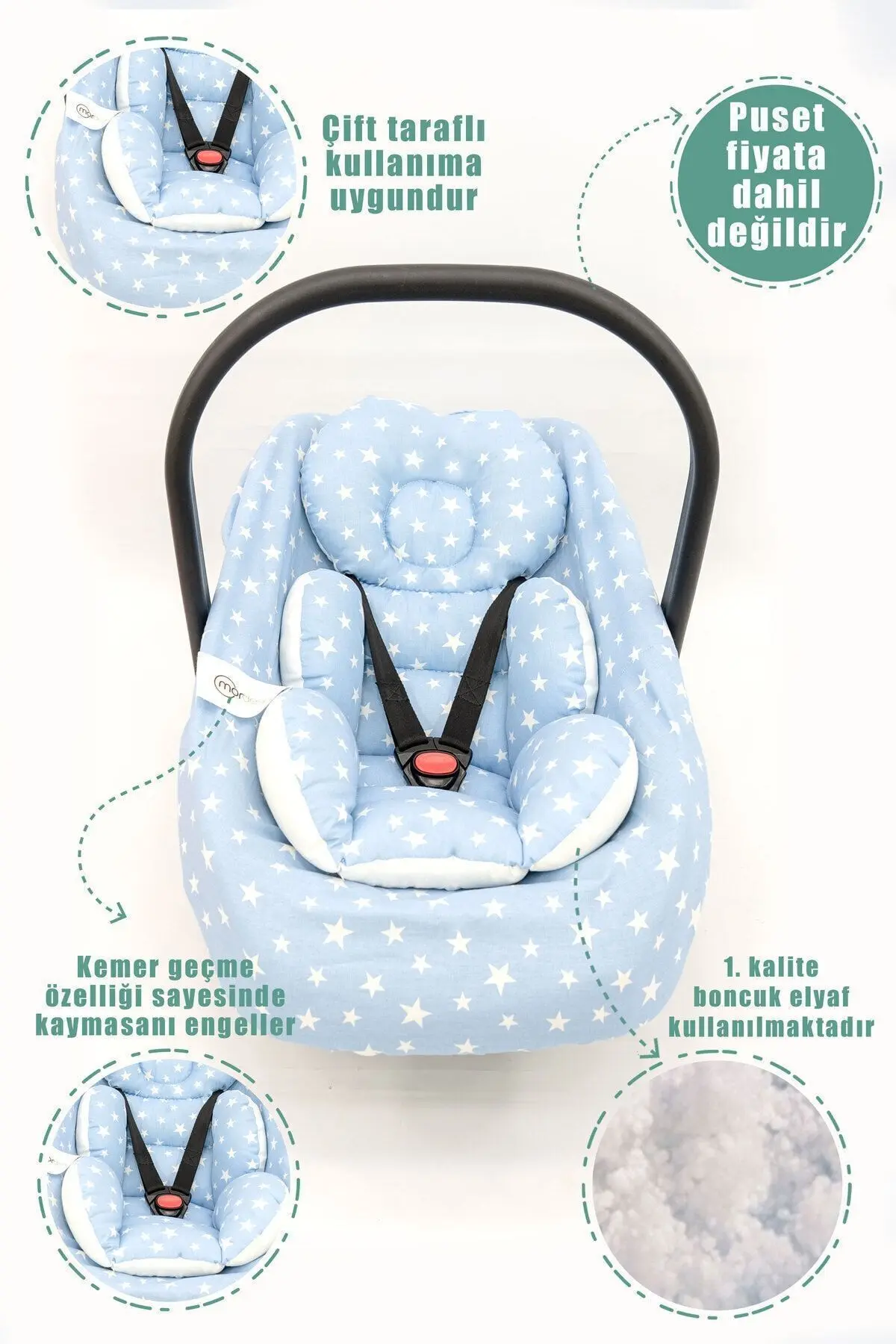 %100 Pamuk Kumaşlı, Ortopedik Bel Destekli Puset Minderi, Örtü Ve Çarşaf 3' Lü Set, Stars Serisi