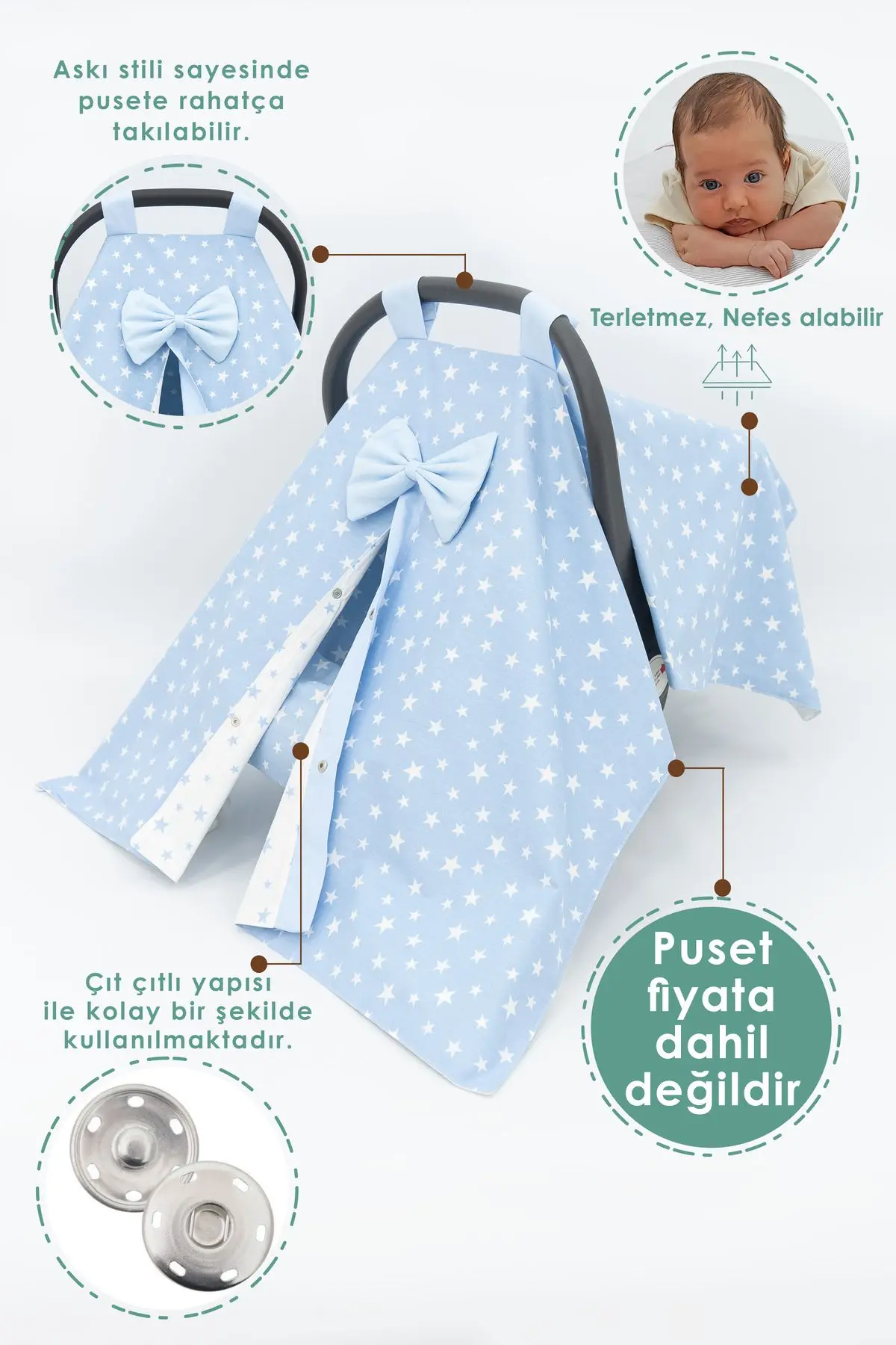 %100 Pamuk Kumaşlı, Ortopedik Bel Destekli Puset Minderi, Örtü Ve Çarşaf 3' Lü Set, Stars Serisi