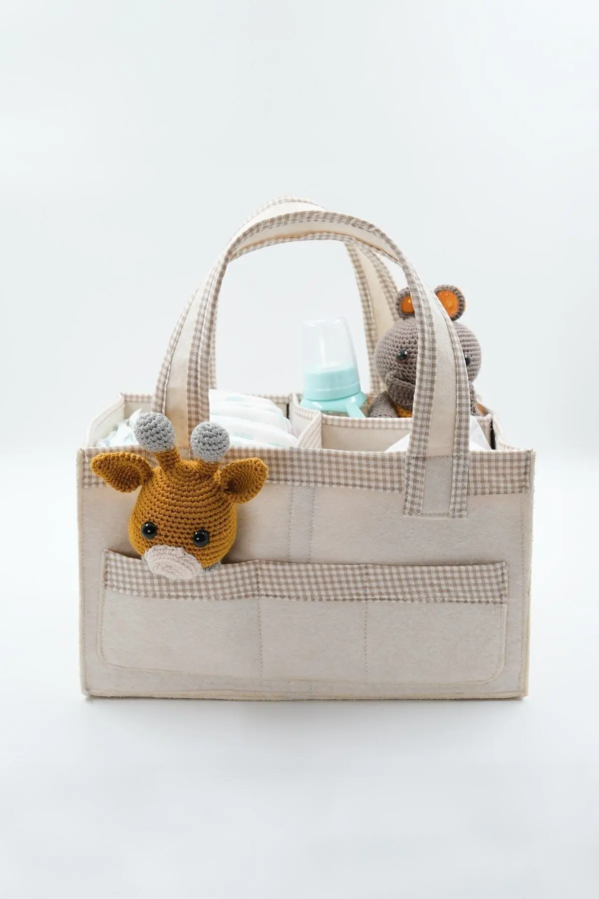 Kare Şeritli Bej Keçe Anne Bebek Bakım Çantası Organizer