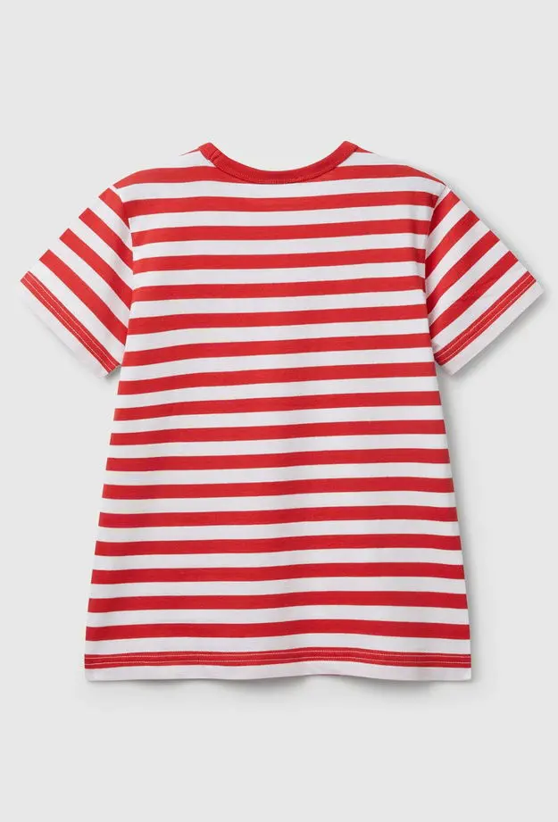 Erkek Çocuk Kırmızı Çizgili Önü Logo İşlemeli T-Shirt