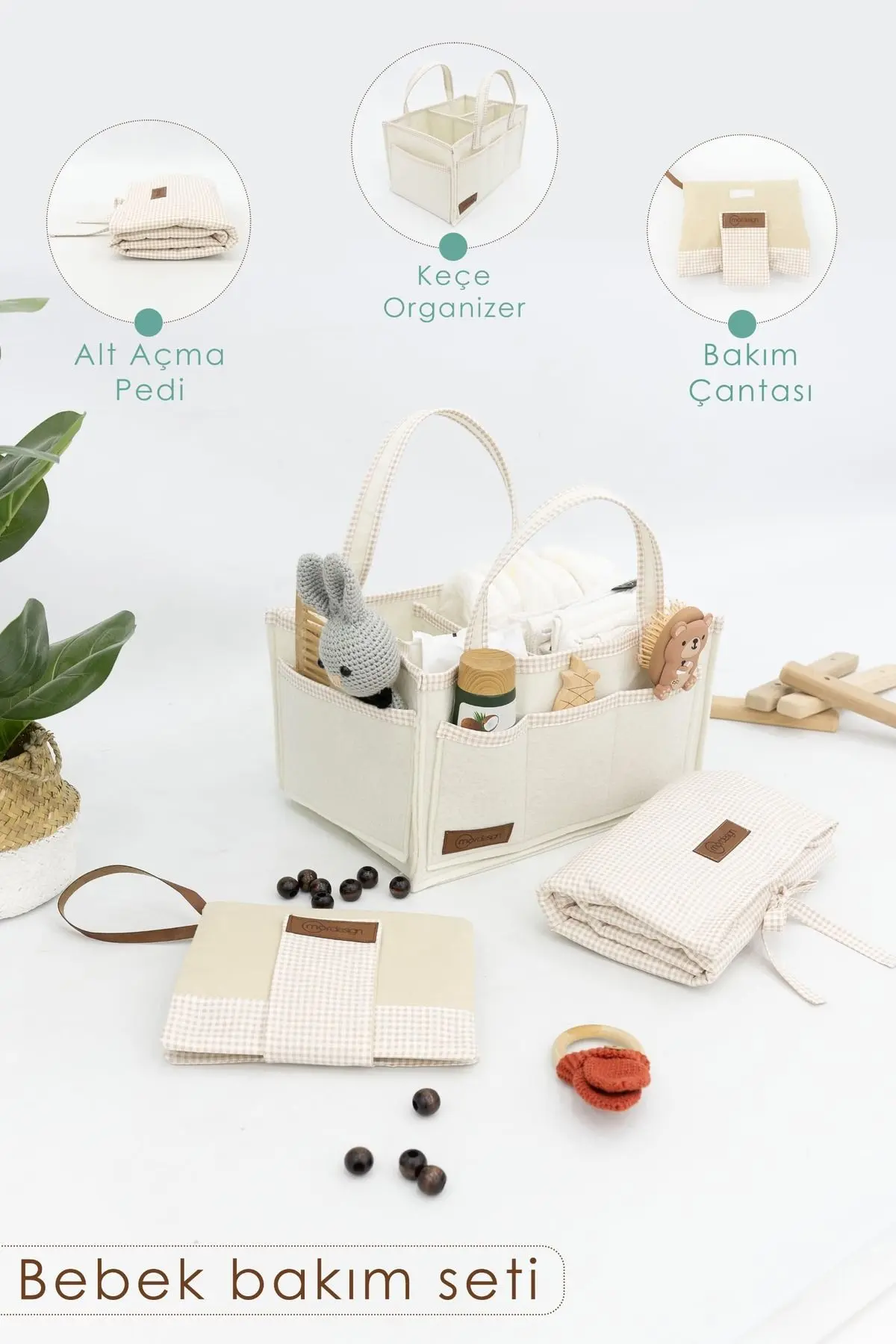 mordesign 3'lü Bebek Bakım Seti; Keçe Anne Bebek Organizeri, Su Geçirmez Alt Değiştirme Pedi, Alt Açma Çantası