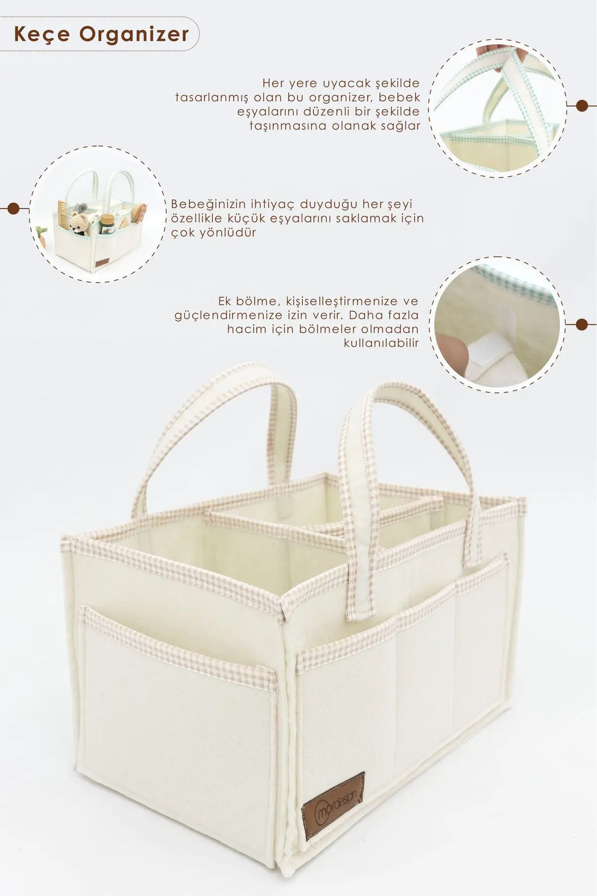 3'lü Bebek Bakım Seti; Keçe Anne Bebek Organizeri, Su Geçirmez Alt Değiştirme Pedi, Alt Açma Çantası