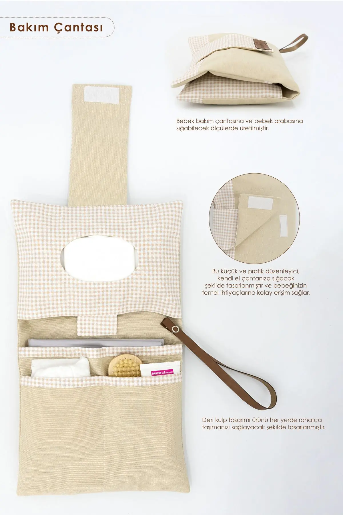 3'lü Bebek Bakım Seti; Keçe Anne Bebek Organizeri, Su Geçirmez Alt Değiştirme Pedi, Alt Açma Çantası