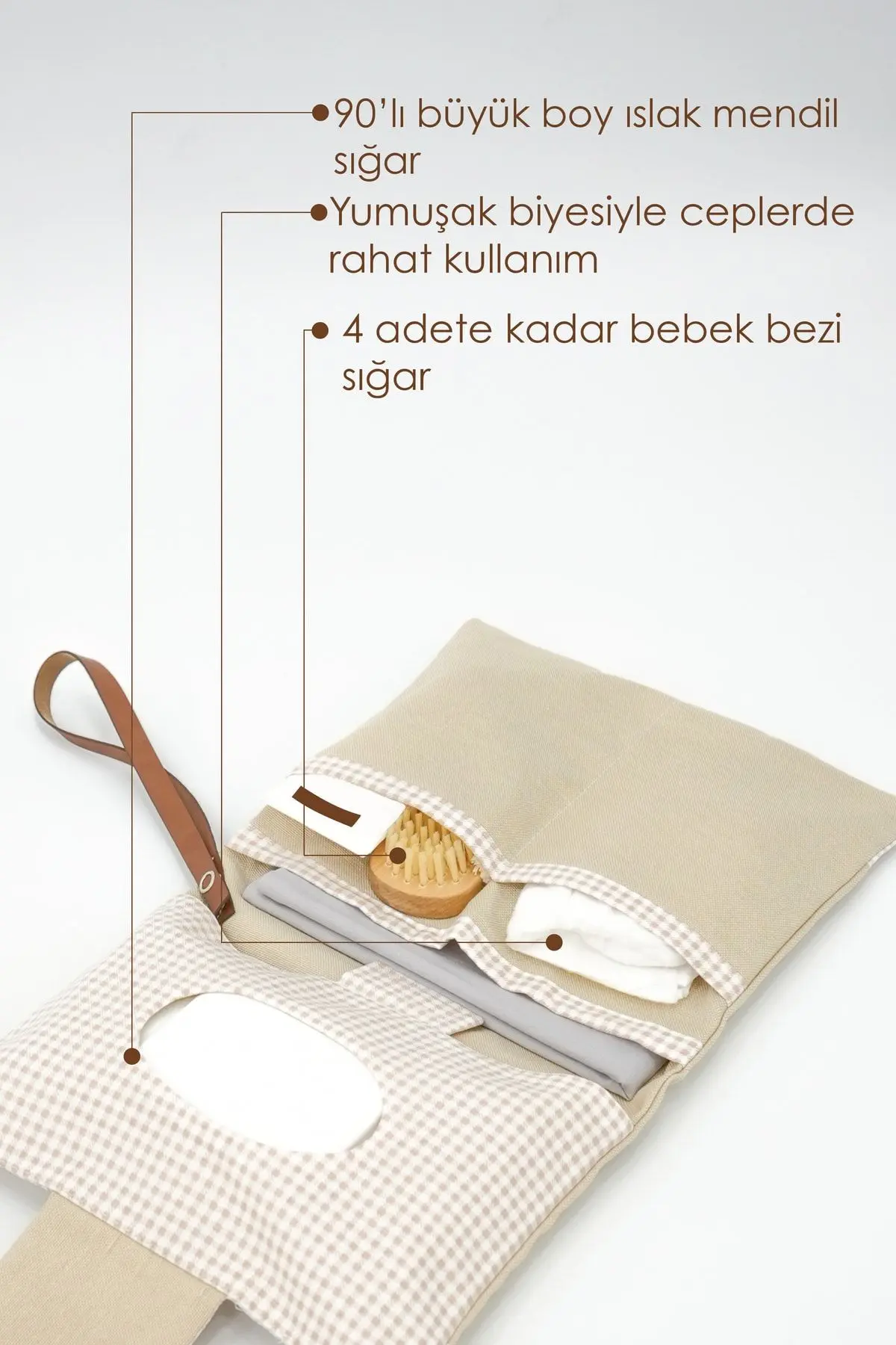 Bebek Alt Açma Bakım Çantası, Anne Bebek Organizeri, Yıkanabilir, Kir Tutmaz, Junior Serisi, Bej