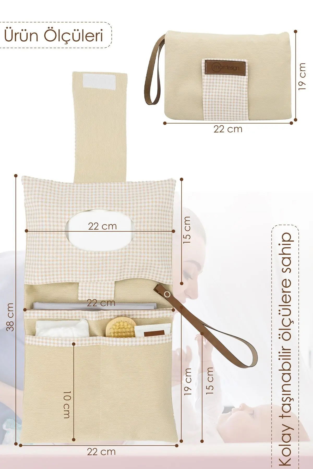 Bebek Alt Açma Bakım Çantası, Anne Bebek Organizeri, Yıkanabilir, Kir Tutmaz, Junior Serisi, Bej