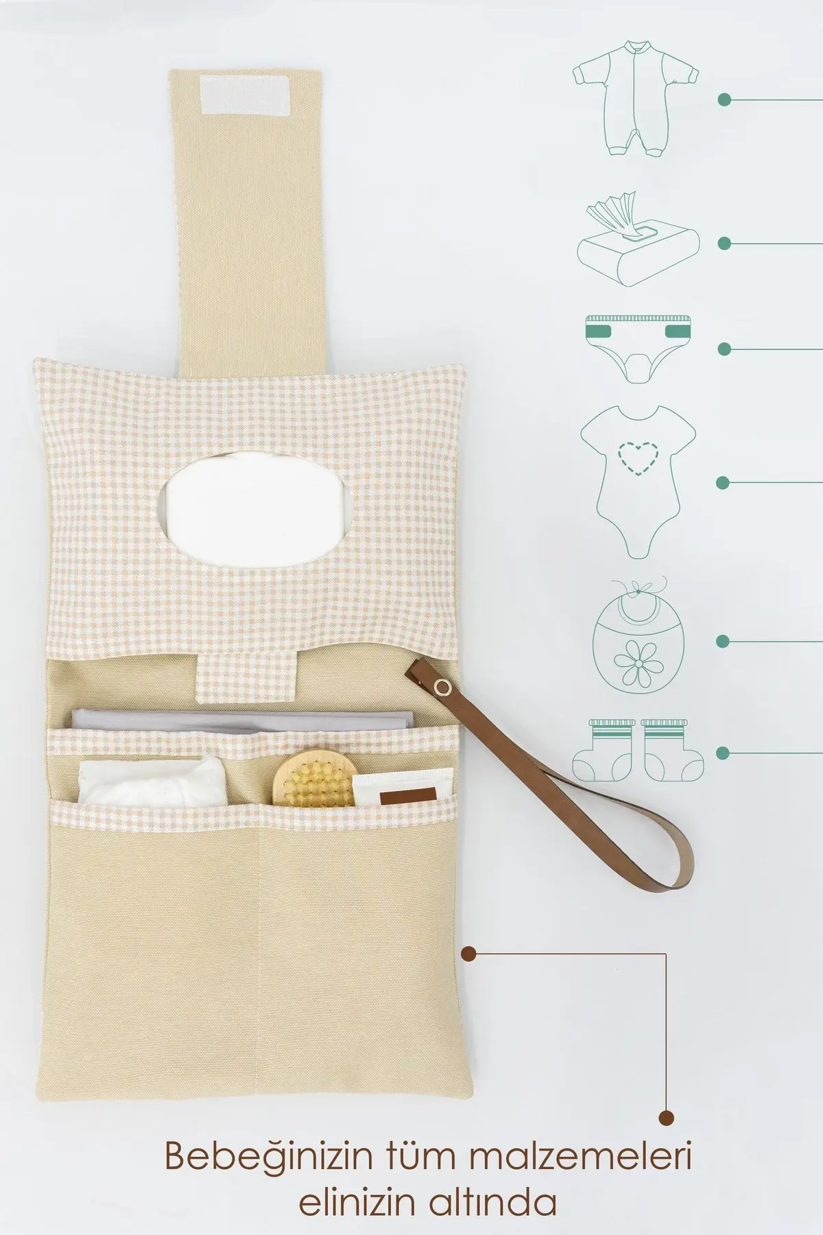 Bebek Alt Açma Bakım Çantası, Anne Bebek Organizeri, Yıkanabilir, Kir Tutmaz, Junior Serisi, Bej