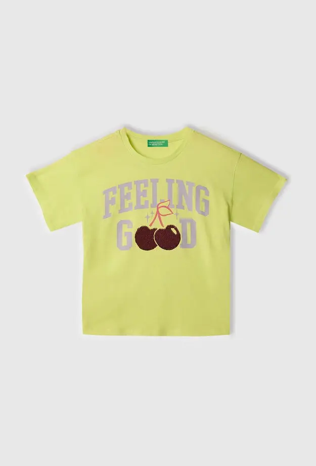 United Colors of Benetton Kız Çocuk Sarı Önü Payet İşlemeli Baskılı T-Shirt