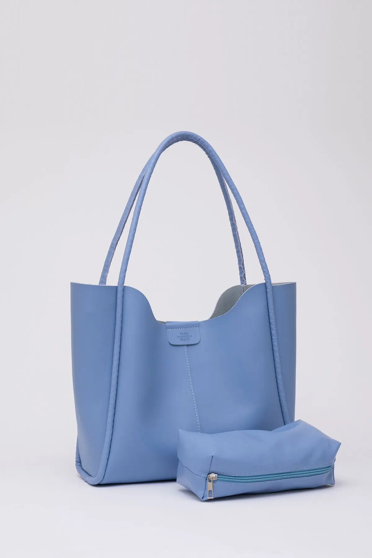 Mavi Shk76 Çıtçıtlı Fitil Askılı Suni Deri Makyaj Çantalı Büyük Boy Kadın El Ve Omuz Çantası U:29 E