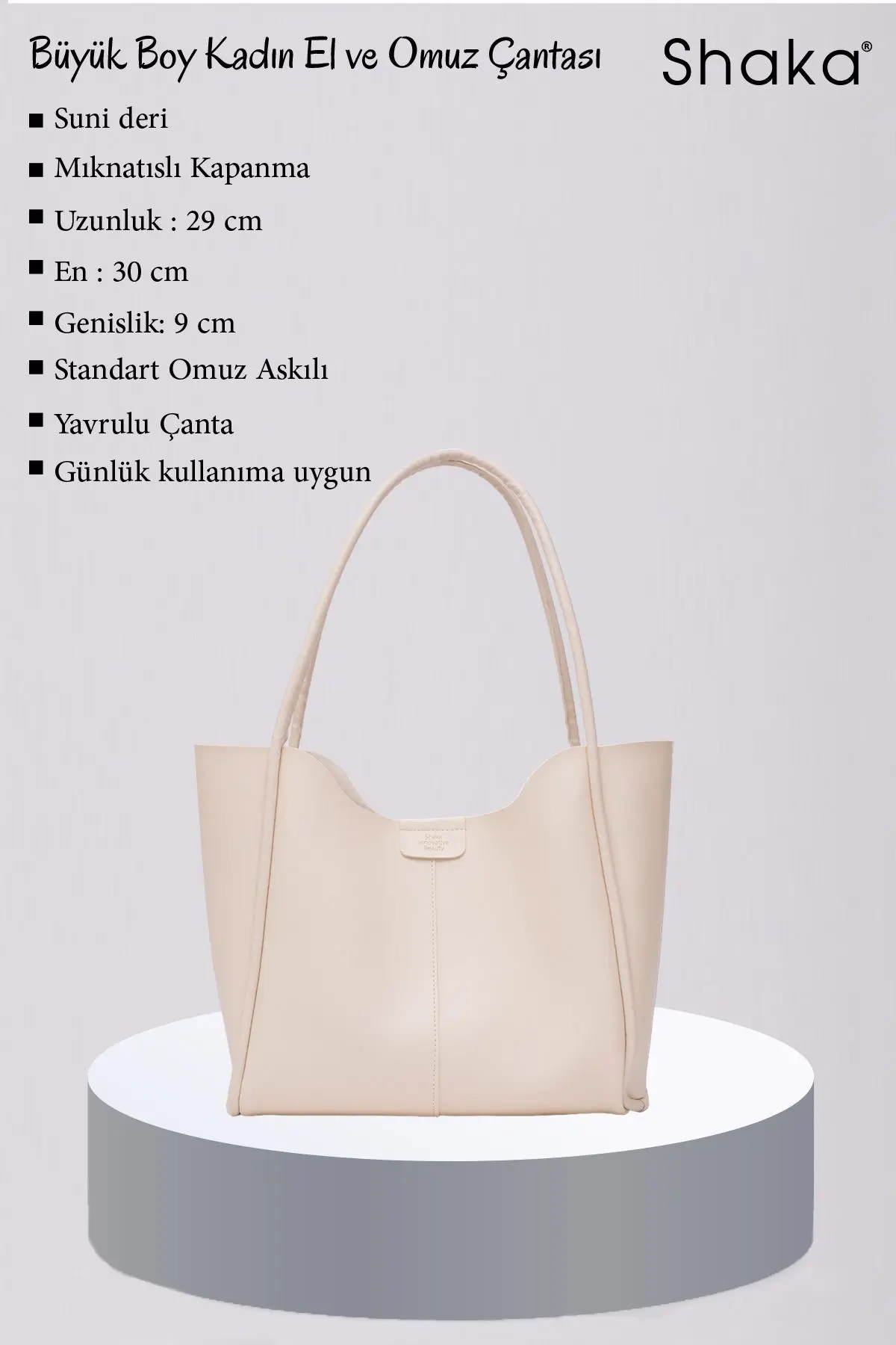 Krem Shk76 Çıtçıtlı Fitil Askılı Suni Deri Makyaj Çantalı Büyük Boy Kadın El Ve Omuz Çantası U:29 E